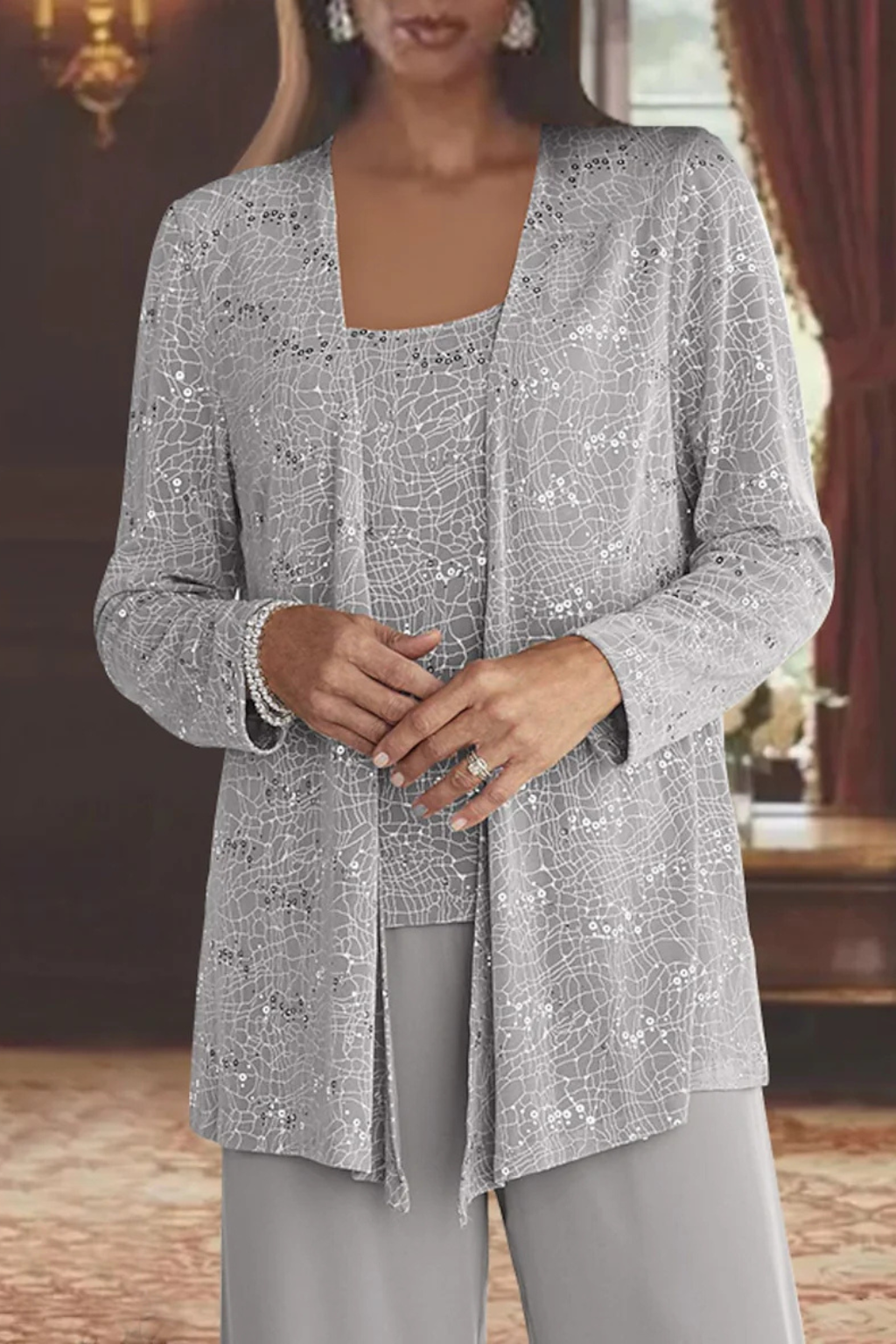 Women's Lace Sequin Three-Piece Suit | Elegant Wide Leg Wedding Guest Outfit 2