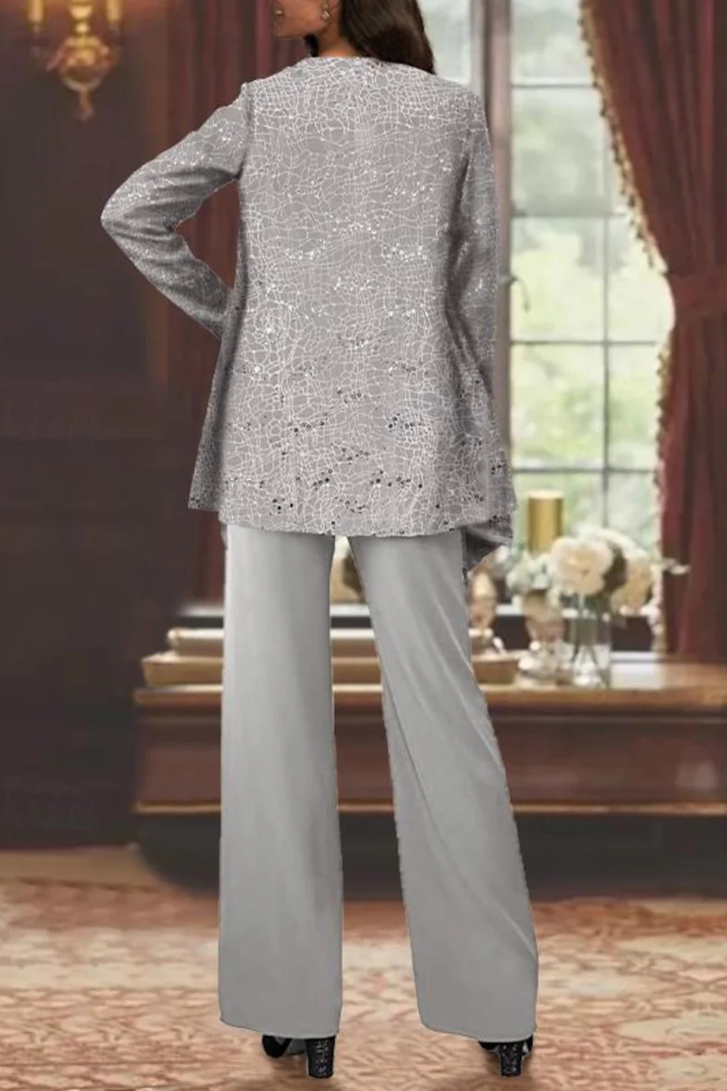 Women's Lace Sequin Three-Piece Suit | Elegant Wide Leg Wedding Guest Outfit 3