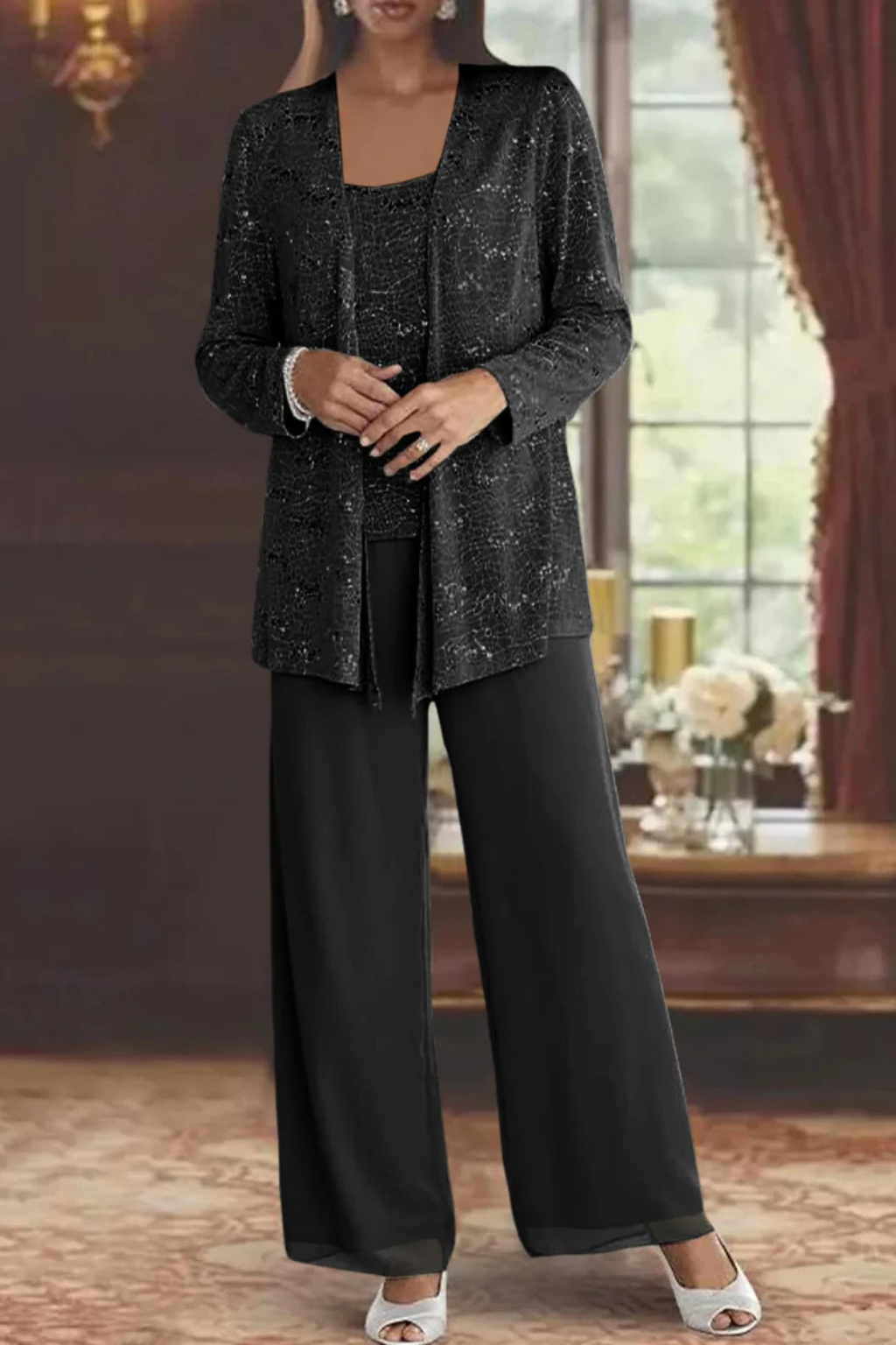 Women's Lace Sequin Three-Piece Suit | Elegant Wide Leg Wedding Guest Outfit 5