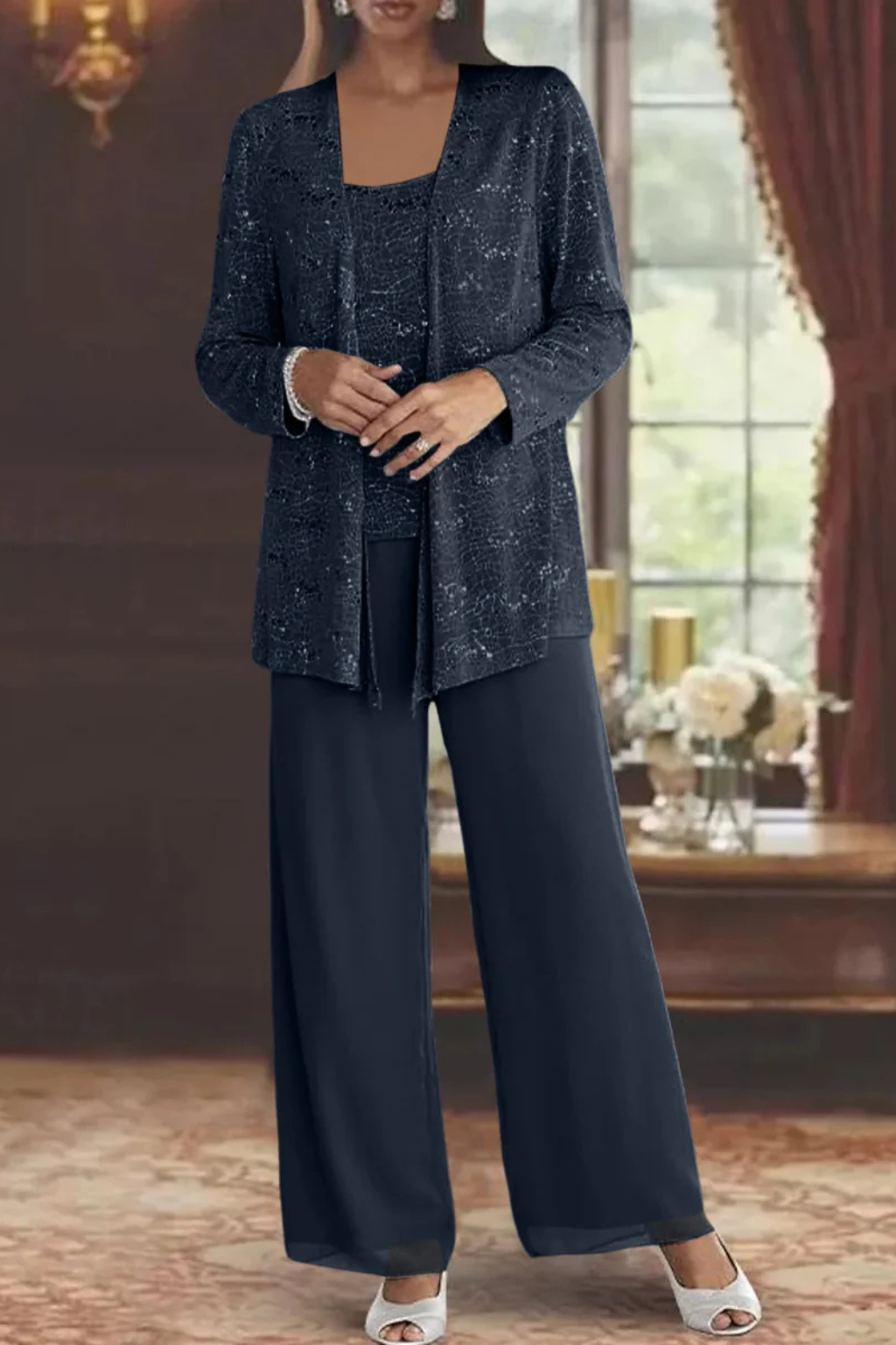 Women's Lace Sequin Three-Piece Suit | Elegant Wide Leg Wedding Guest Outfit 7