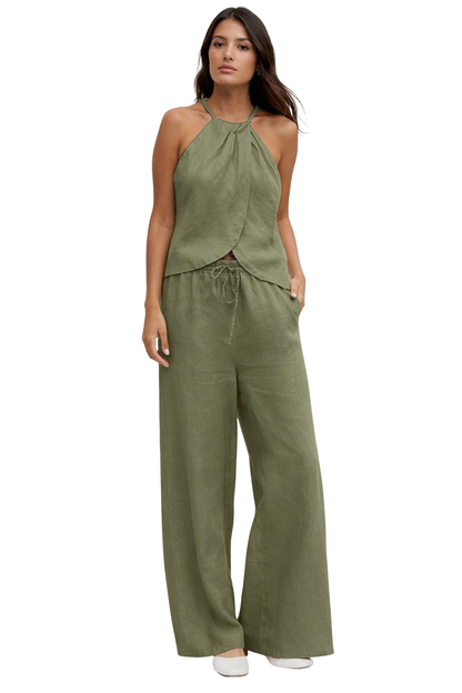 Women's Lightweight Fabric Two Piece Set | Stylish Halter Neck Top and Wide-Leg Trousers 0