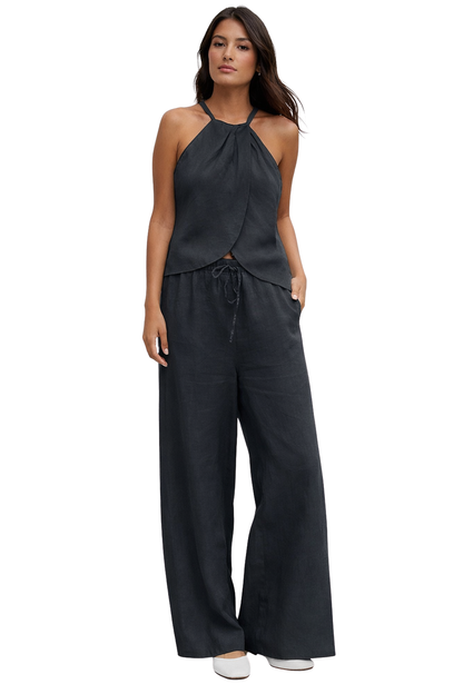 Women's Lightweight Fabric Two Piece Set | Stylish Halter Neck Top and Wide-Leg Trousers 1