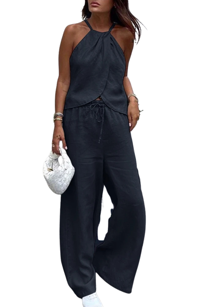 Women's Lightweight Fabric Two Piece Set | Stylish Halter Neck Top and Wide-Leg Trousers 2
