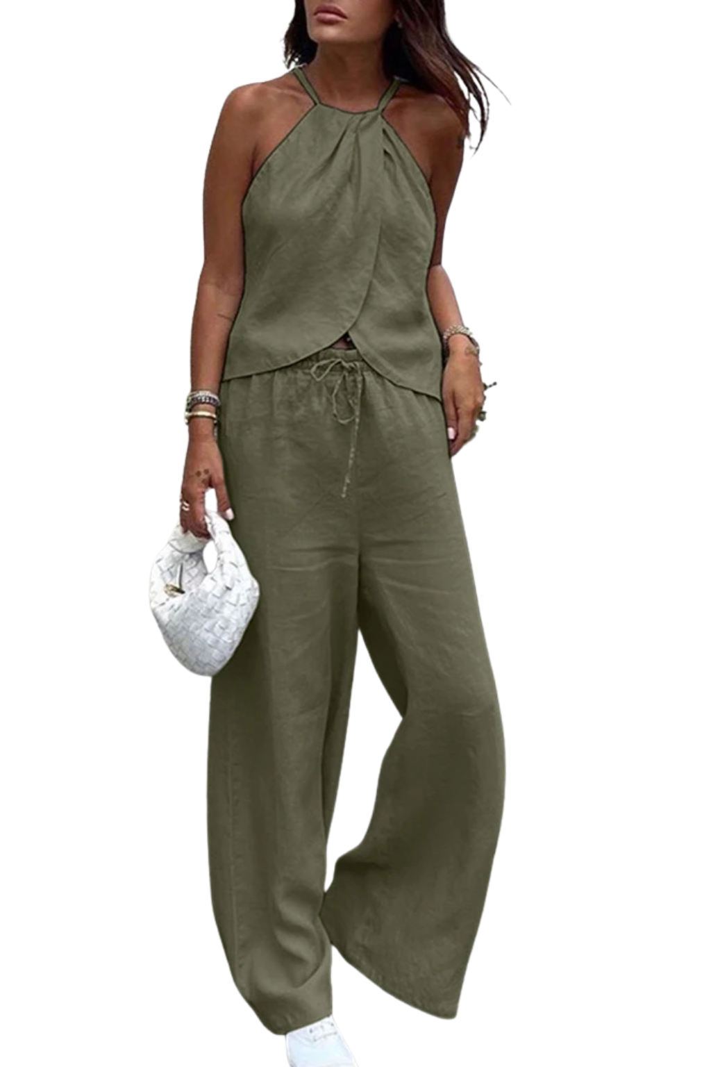 Women's Lightweight Fabric Two Piece Set | Stylish Halter Neck Top and Wide-Leg Trousers 3