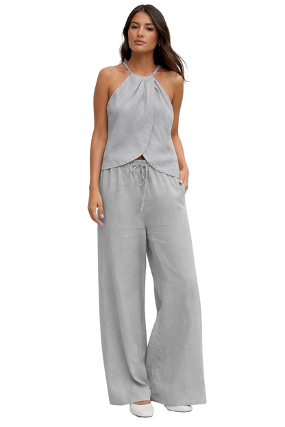 Women's Lightweight Fabric Two Piece Set | Stylish Halter Neck Top and Wide-Leg Trousers 4