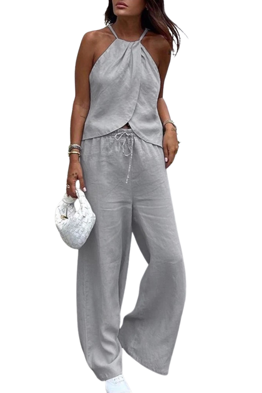 Women's Lightweight Fabric Two Piece Set | Stylish Halter Neck Top and Wide-Leg Trousers 5