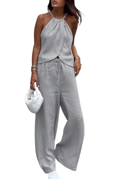 Women's Lightweight Fabric Two Piece Set | Stylish Halter Neck Top and Wide-Leg Trousers 5