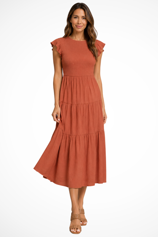Women's Lightweight Midi Dress | Elegant Tiered Flutter Sleeve Summer Dress 0