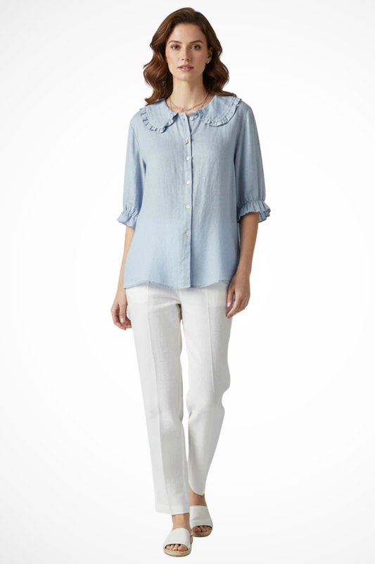 Women's Lightweight Ruffle Collar Blouse | Casual Relaxed Summer Top with Frill Sleeves 0