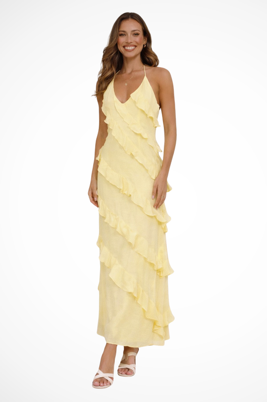 Women's Lightweight Ruffle Maxi Dress | Elegant Halter Neck Summer Dress 0