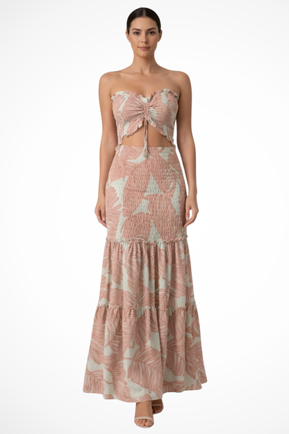 Women's Lightweight Tropical Leaf Print Maxi Dress | Elegant Strapless Summer Gown 0