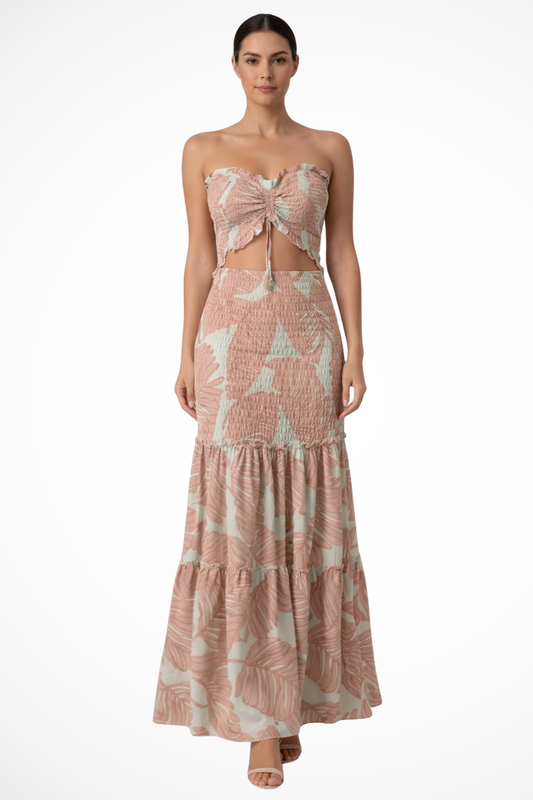 Women's Lightweight Tropical Leaf Print Maxi Dress | Elegant Strapless Summer Gown 0