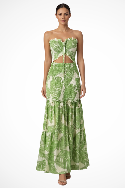 Women's Lightweight Tropical Leaf Print Maxi Dress | Elegant Strapless Summer Gown 1