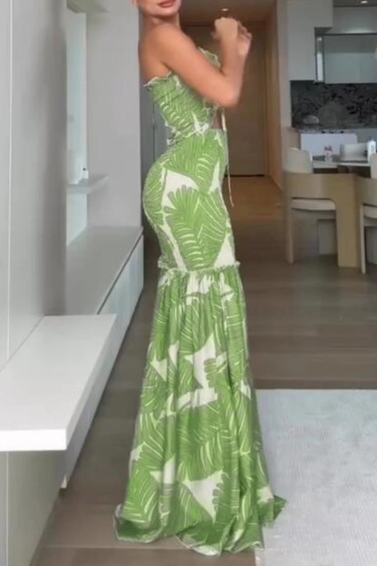 Women's Lightweight Tropical Leaf Print Maxi Dress | Elegant Strapless Summer Gown 4