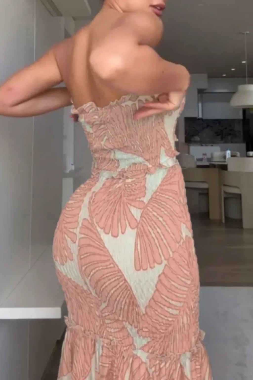 Women's Lightweight Tropical Leaf Print Maxi Dress | Elegant Strapless Summer Gown 7