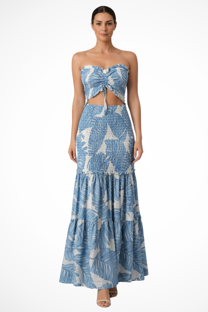 Women's Lightweight Tropical Leaf Print Maxi Dress | Elegant Strapless Summer Gown 8