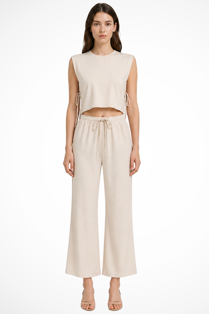 Women's Linen Crop Top and Wide Leg Trousers Set | Stylish Sleeveless Summer Outfit 0