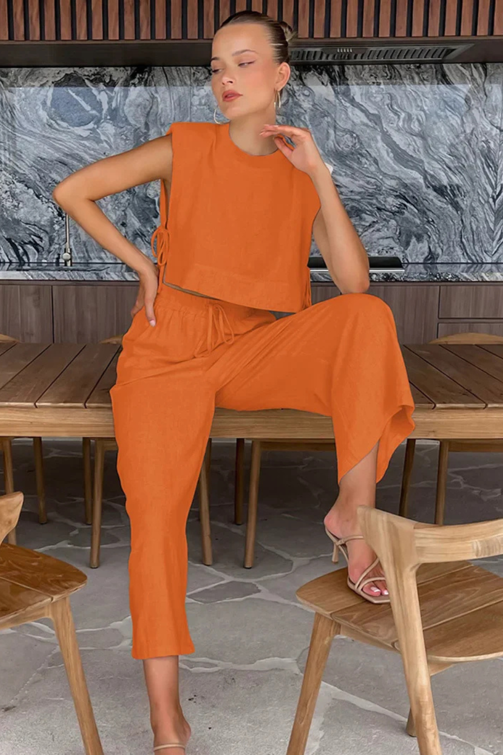 Women's Linen Crop Top and Wide Leg Trousers Set | Stylish Sleeveless Summer Outfit 5