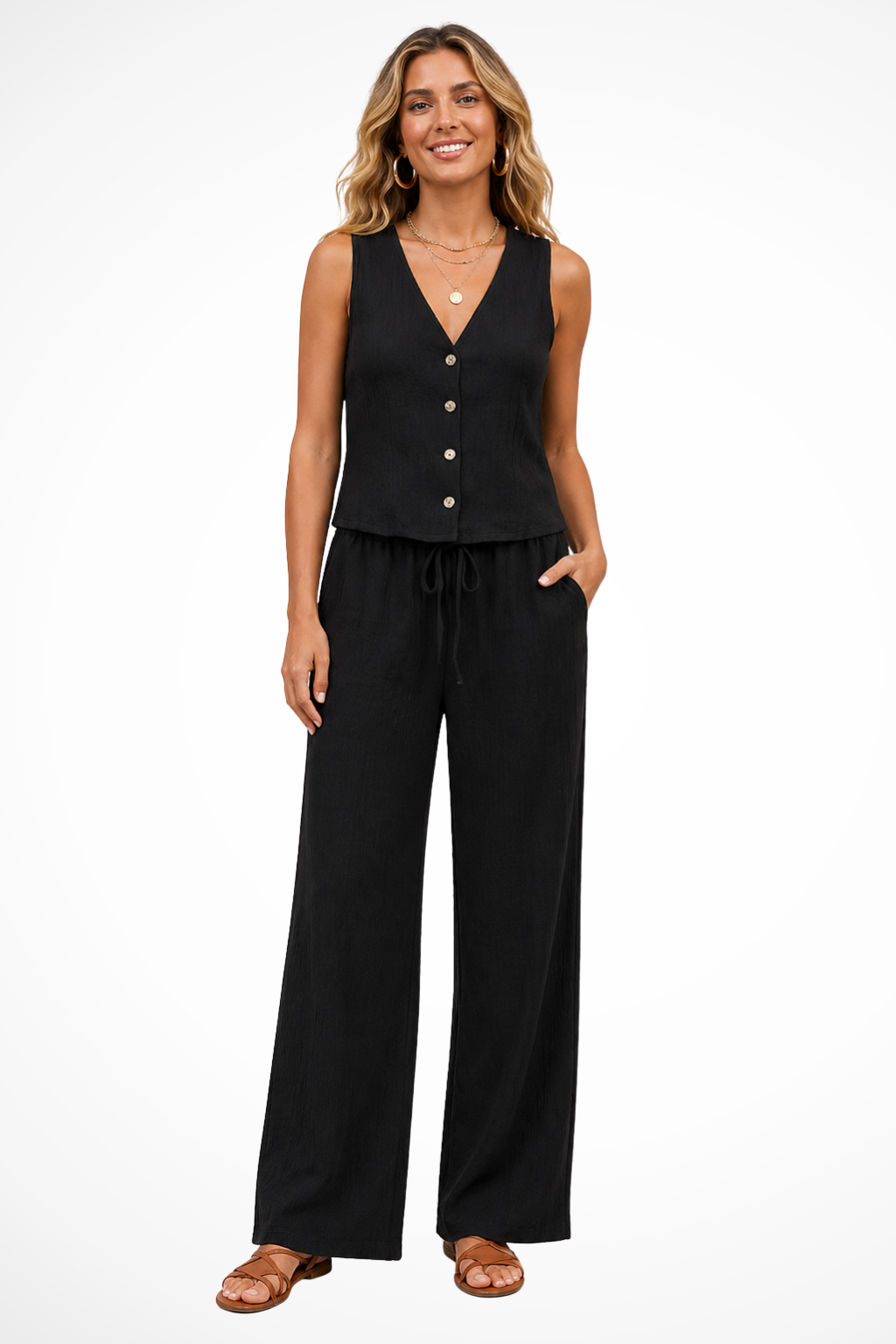 Women's Linen Two Piece Set | V-Neck Waistcoat and Wide-Leg Trousers | Elegant Summer Outfit 1
