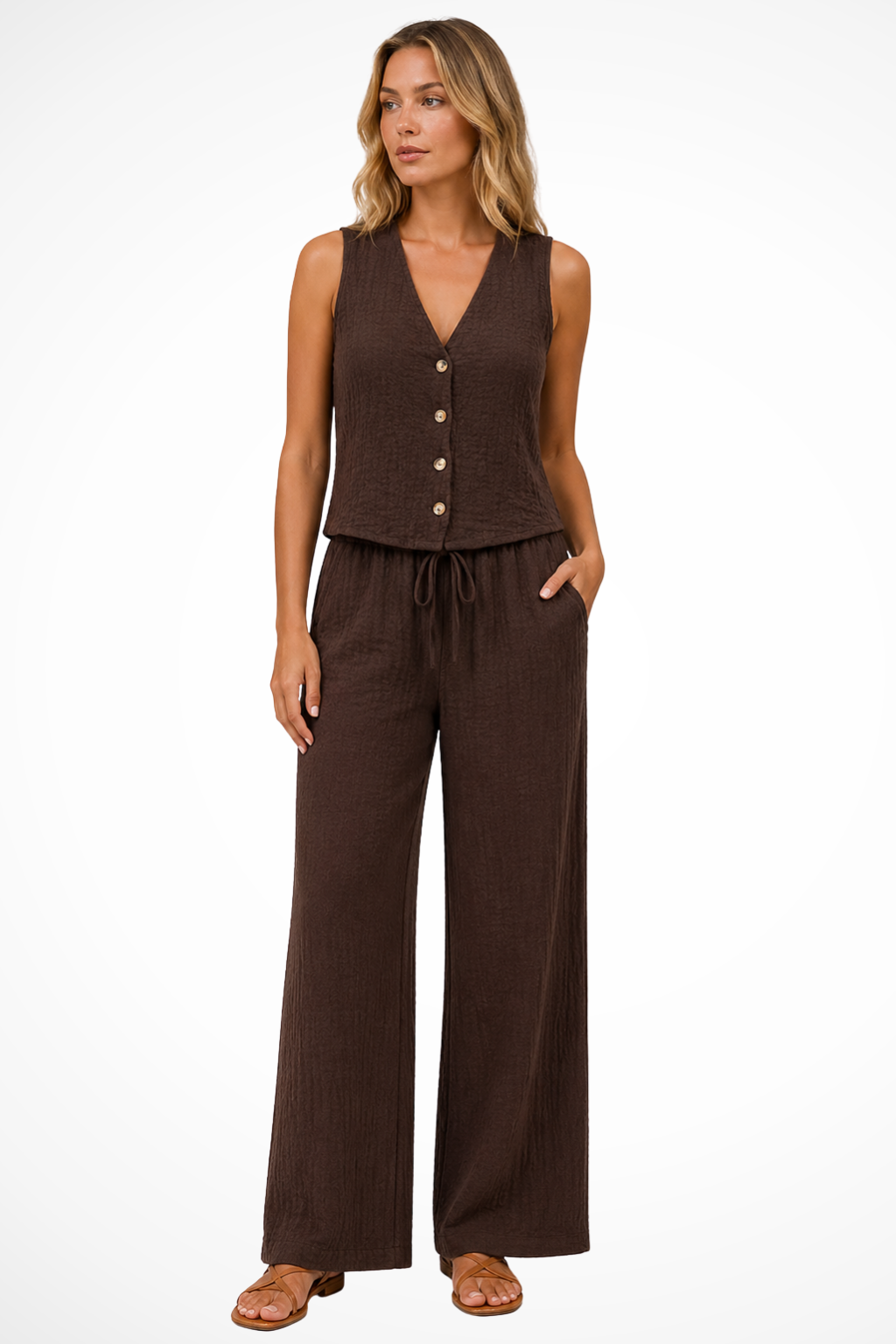Women's Linen Two Piece Set | V-Neck Waistcoat and Wide-Leg Trousers | Elegant Summer Outfit 2