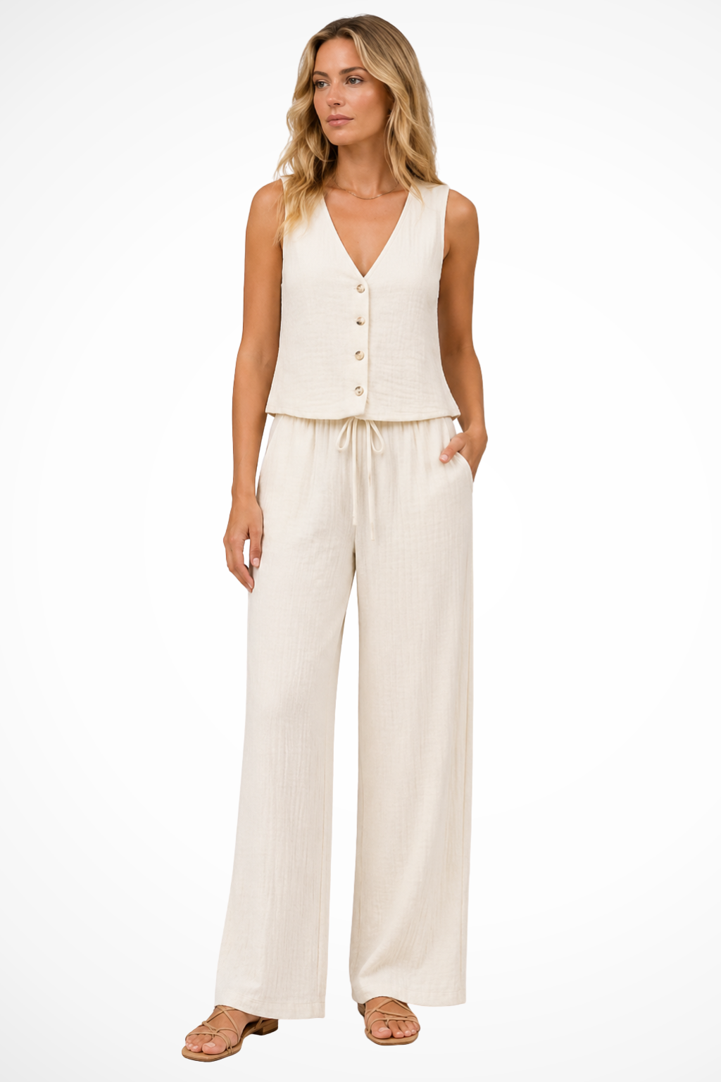 Women's Linen Two Piece Set | V-Neck Waistcoat and Wide-Leg Trousers | Elegant Summer Outfit 3