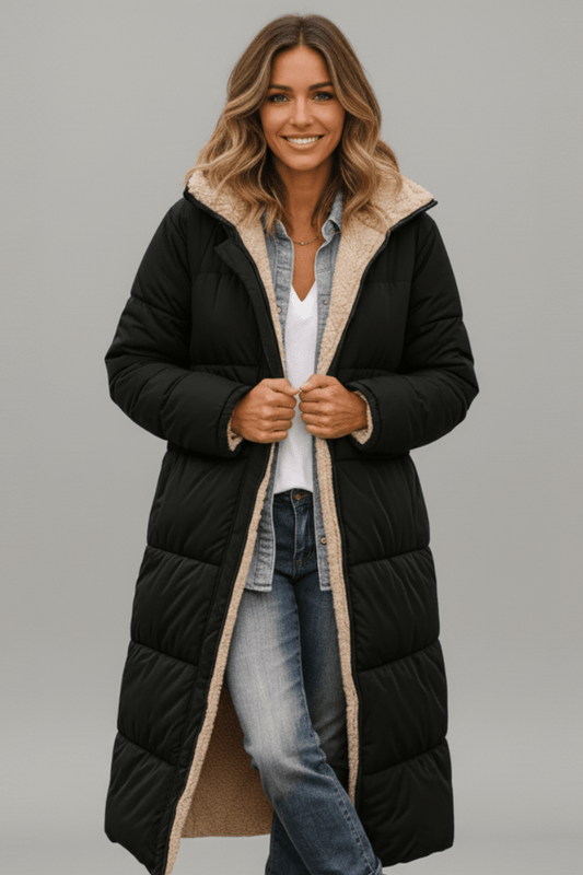 Women's Longline Puffer Coat with Hood - Winter Jacket