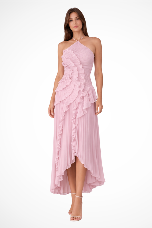 Women's Pleated Fabric Maxi Dress | Elegant Halter Ruffled Summer Gown 0