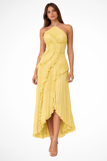 Women's Pleated Fabric Maxi Dress | Elegant Halter Ruffled Summer Gown 1