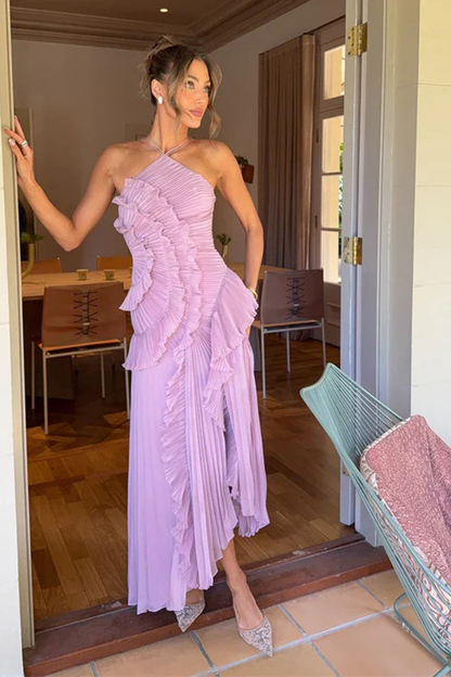 Women's Pleated Fabric Maxi Dress | Elegant Halter Ruffled Summer Gown 4