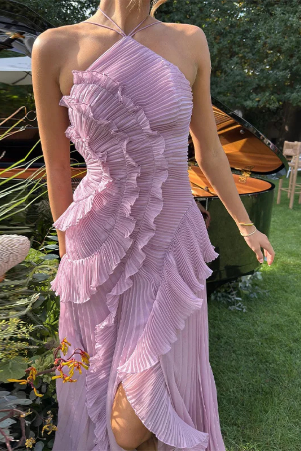 Women's Pleated Fabric Maxi Dress | Elegant Halter Ruffled Summer Gown 5