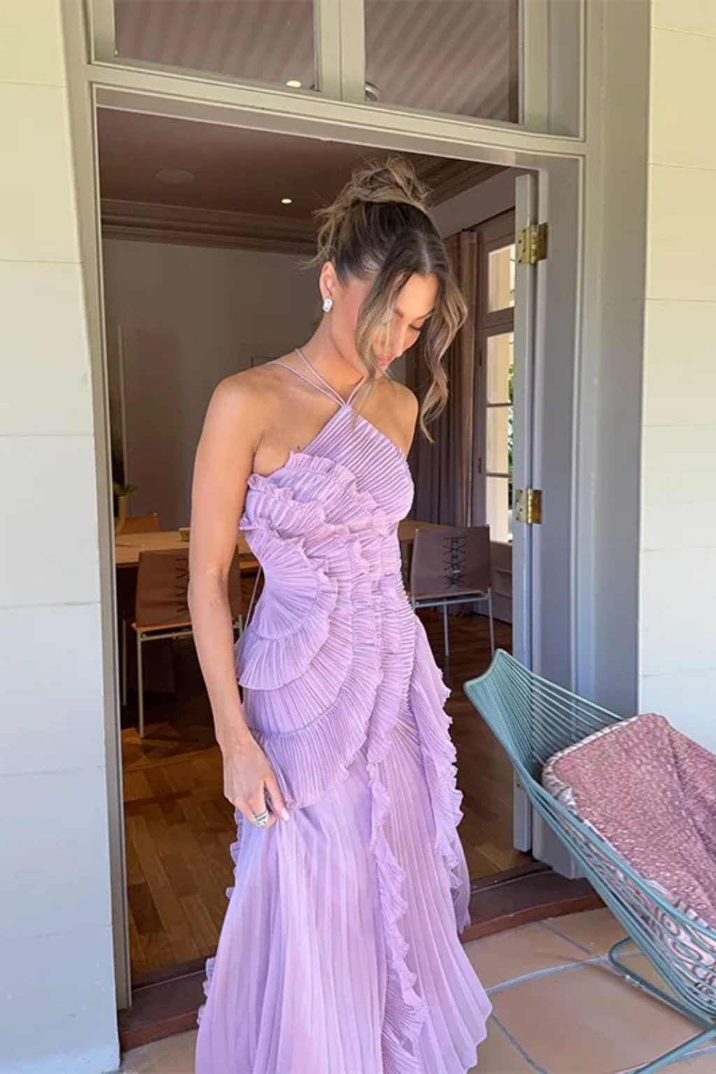 Women's Pleated Fabric Maxi Dress | Elegant Halter Ruffled Summer Gown 7
