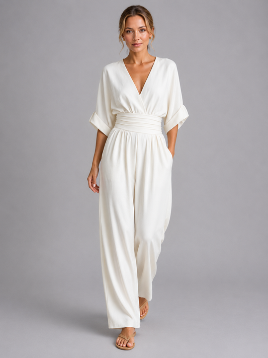 Women's Relaxed Fit Wide Leg Jumpsuit - Cinched Waist Casual Romper