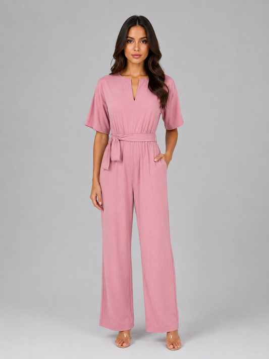 Women's Relaxed Wide Leg Jumpsuit - Tie Waist Casual Romper