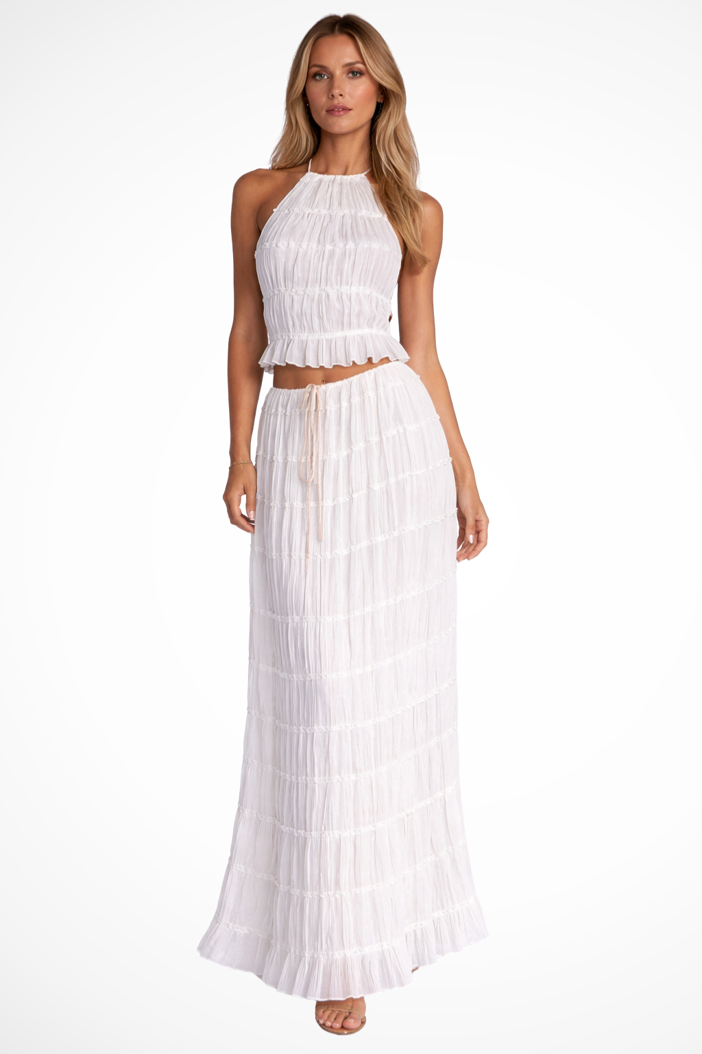 Women's Ruched Fabric Two Piece Set | Elegant Halter Crop Top and Maxi Skirt 0