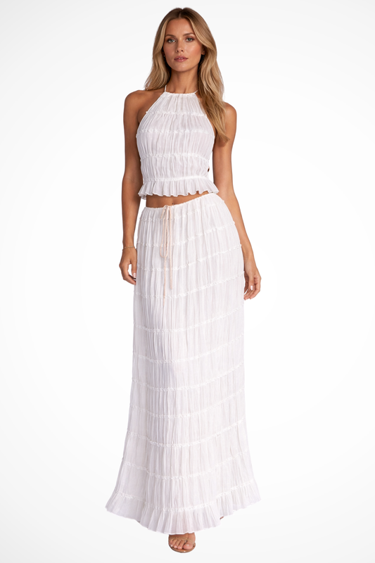 Women's Ruched Fabric Two Piece Set | Elegant Halter Crop Top and Maxi Skirt 0