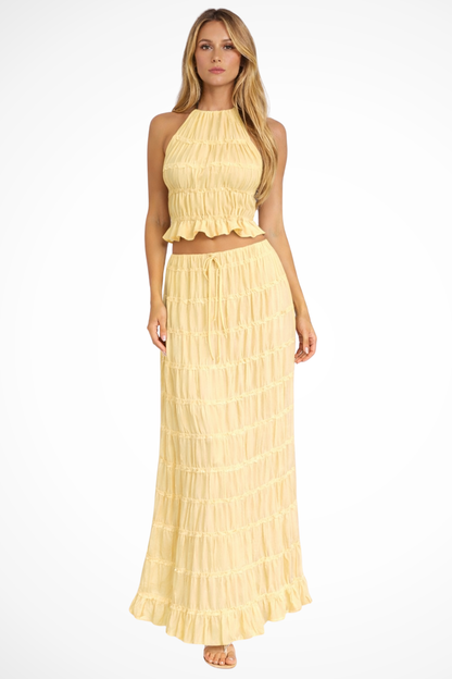 Women's Ruched Fabric Two Piece Set | Elegant Halter Crop Top and Maxi Skirt 10