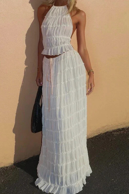 Women's Ruched Fabric Two Piece Set | Elegant Halter Crop Top and Maxi Skirt 2