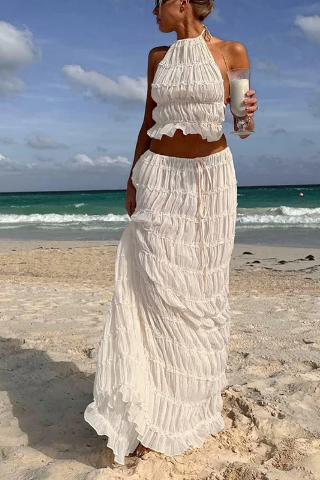 Women's Ruched Fabric Two Piece Set | Elegant Halter Crop Top and Maxi Skirt 4