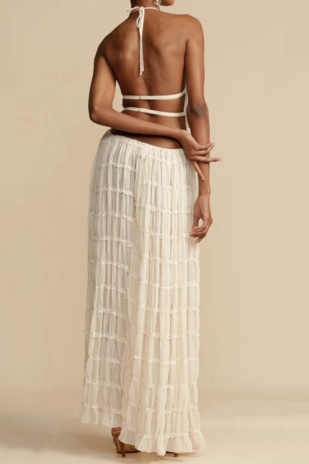 Women's Ruched Fabric Two Piece Set | Elegant Halter Crop Top and Maxi Skirt 5