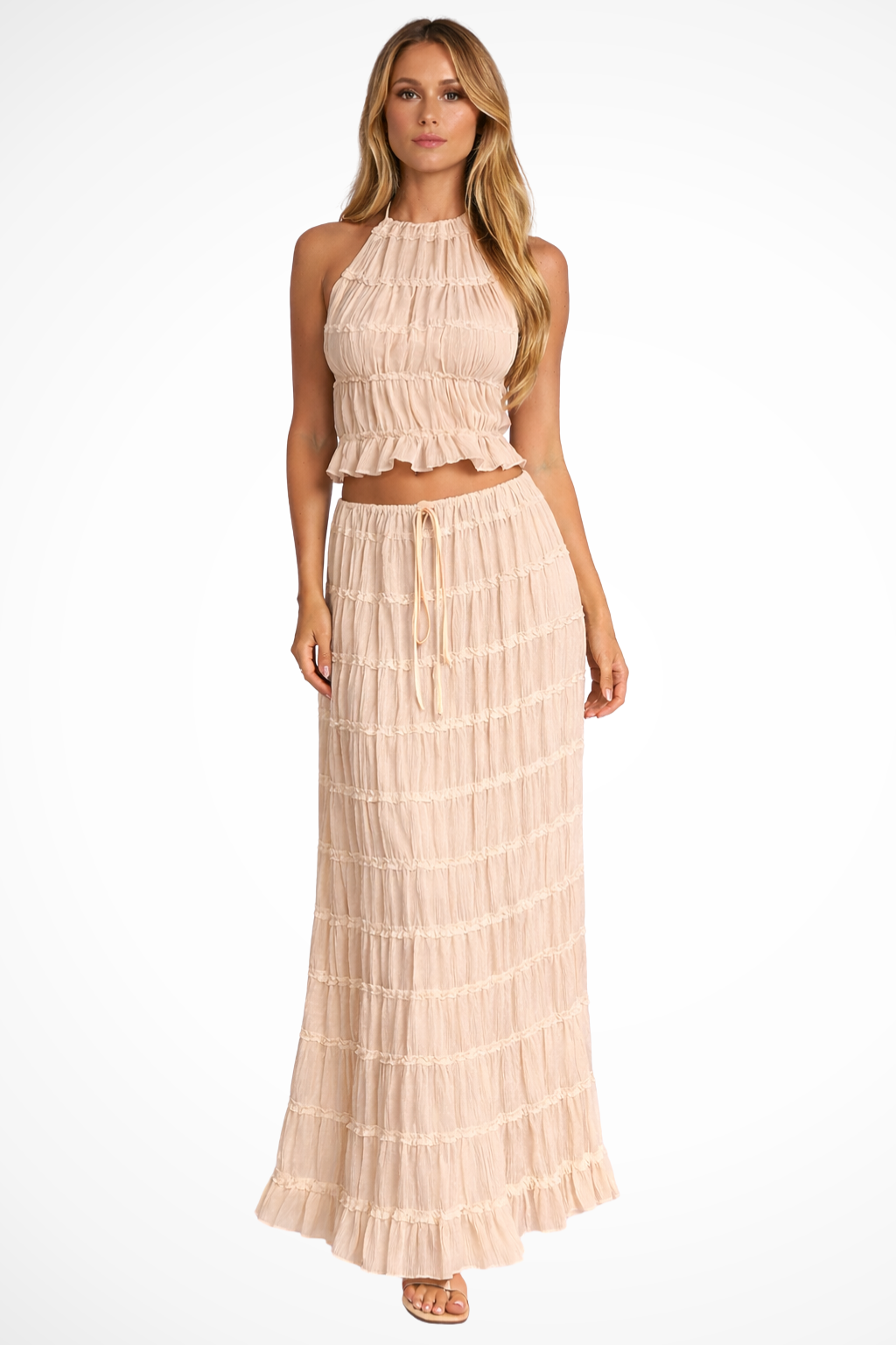 Women's Ruched Fabric Two Piece Set | Elegant Halter Crop Top and Maxi Skirt 6