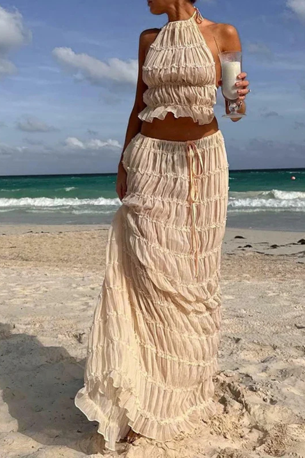 Women's Ruched Fabric Two Piece Set | Elegant Halter Crop Top and Maxi Skirt 7