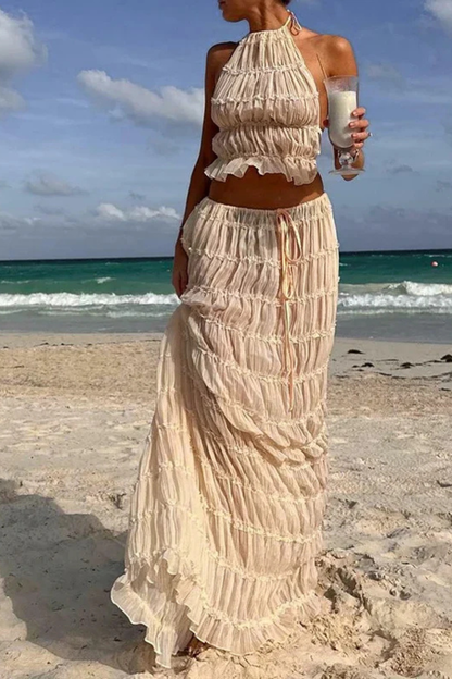 Women's Ruched Fabric Two Piece Set | Elegant Halter Crop Top and Maxi Skirt 7