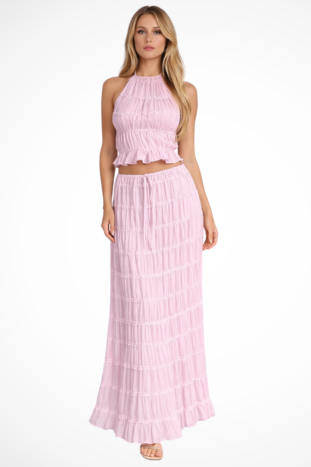 Women's Ruched Fabric Two Piece Set | Elegant Halter Crop Top and Maxi Skirt 8
