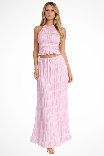 Women's Ruched Fabric Two Piece Set | Elegant Halter Crop Top and Maxi Skirt 8
