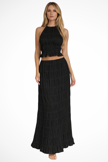 Women's Ruched Fabric Two Piece Set | Elegant Halter Crop Top and Maxi Skirt 9