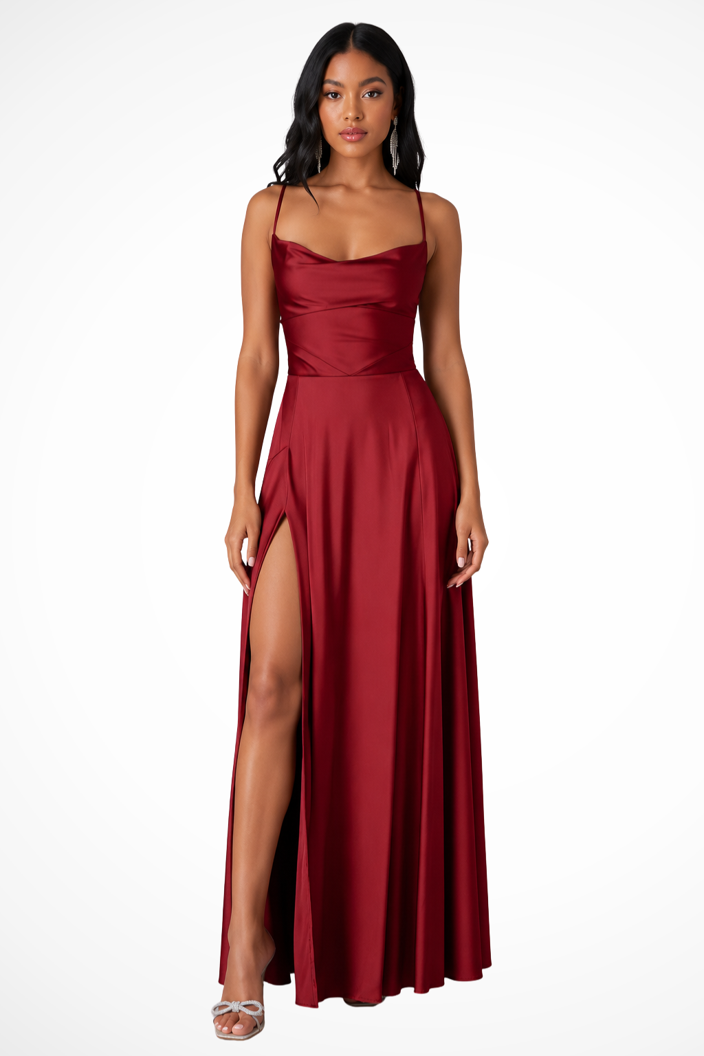 Women's Satin Maxi Dress | Elegant Cowl Neck with Side Slit Wedding Guest Outfit 0