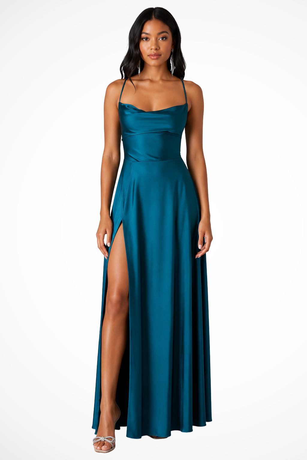 Women's Satin Maxi Dress | Elegant Cowl Neck with Side Slit Wedding Guest Outfit 1