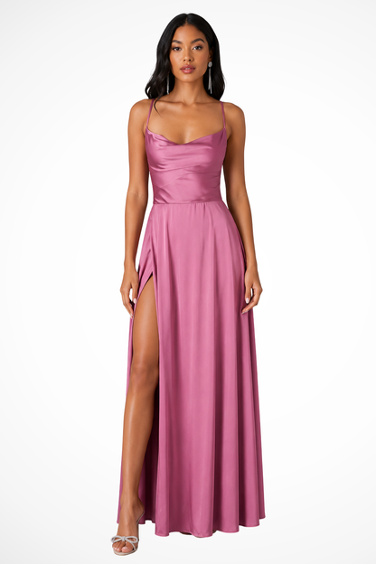 Women's Satin Maxi Dress | Elegant Cowl Neck with Side Slit Wedding Guest Outfit 4