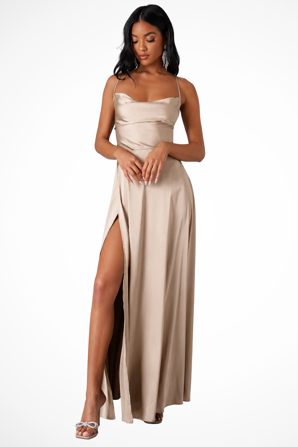 Women's Satin Maxi Dress | Elegant Cowl Neck with Side Slit Wedding Guest Outfit 5