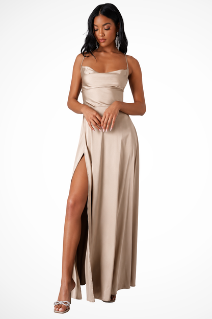 Women's Satin Maxi Dress | Elegant Cowl Neck with Side Slit Wedding Guest Outfit 5